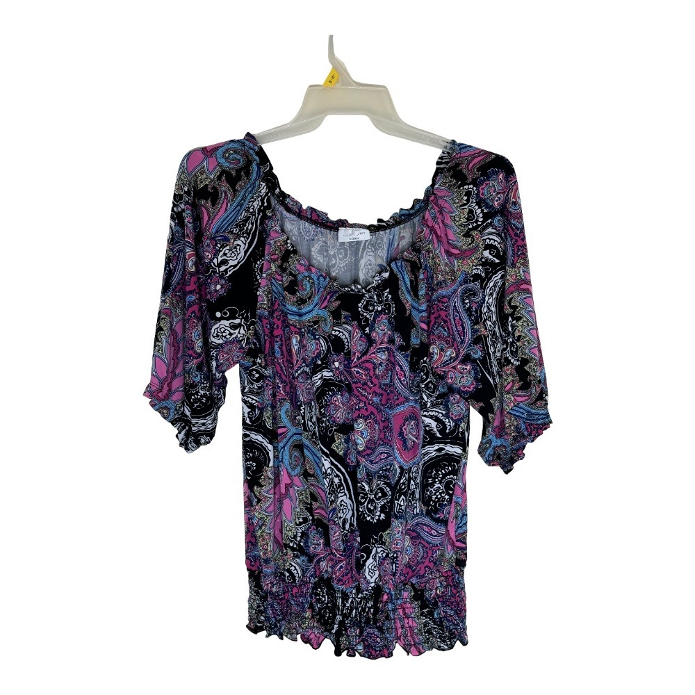 JonDen Blouse Womens XL Black‎ Pink Paisley Smocked Waist 3/4 Sleeve Rhinestone